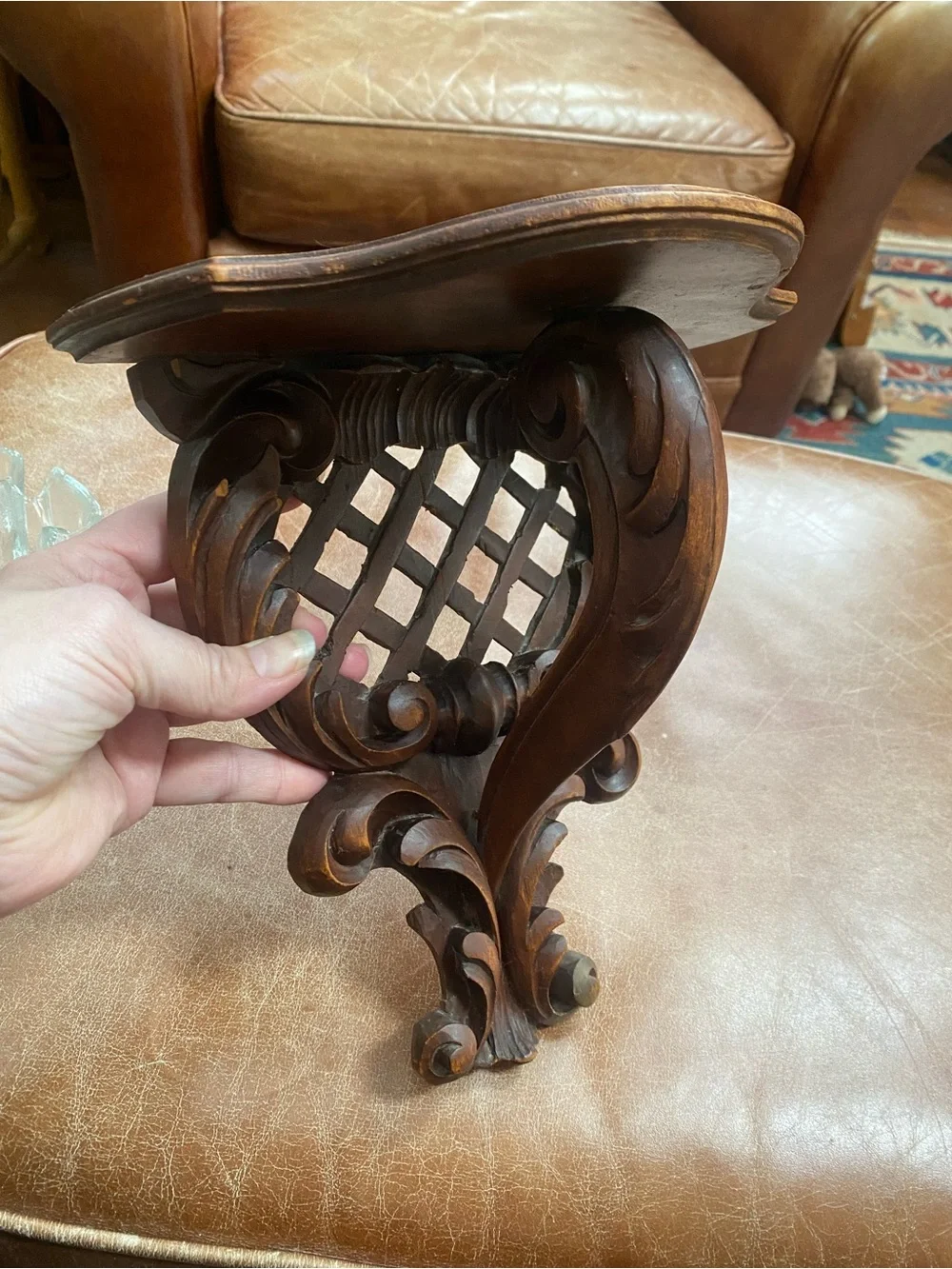 Vintage Hand-Carved Wooden Wall Bracket Shelf scroll detail